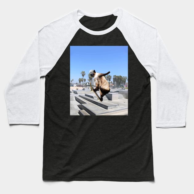 Siamese Cat Kitty Skateboard Skating Skateboarding Funny Baseball T-Shirt by Random Galaxy